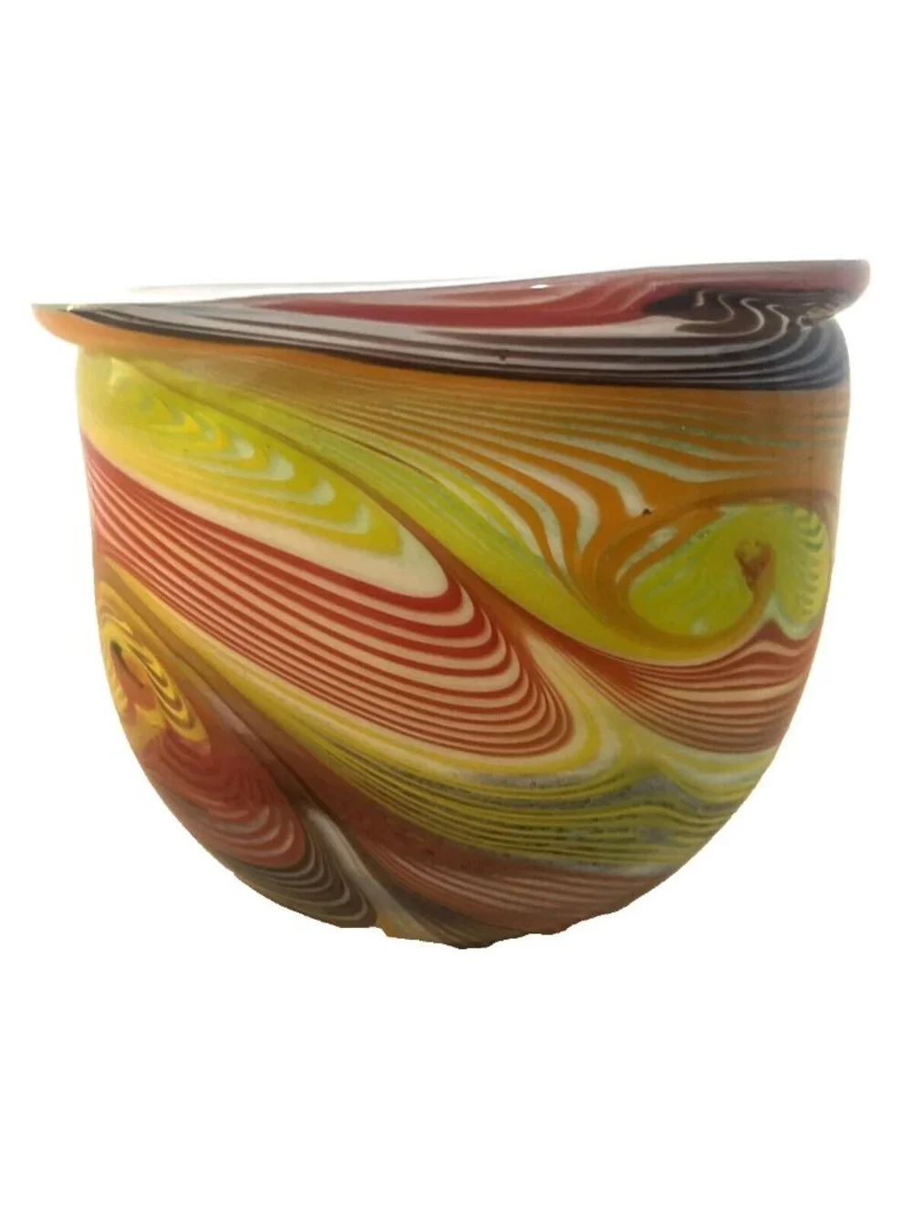 Swirl Art Glass Multi Color Red Orange Yellow Green Black Vase Heavy 7'X7